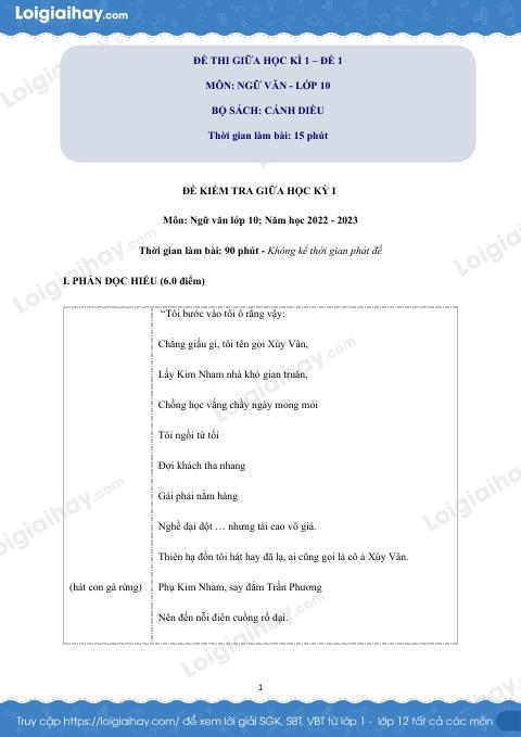 Đề thi giữa kì 1 Văn 10 Cánh diều - Đề số 1